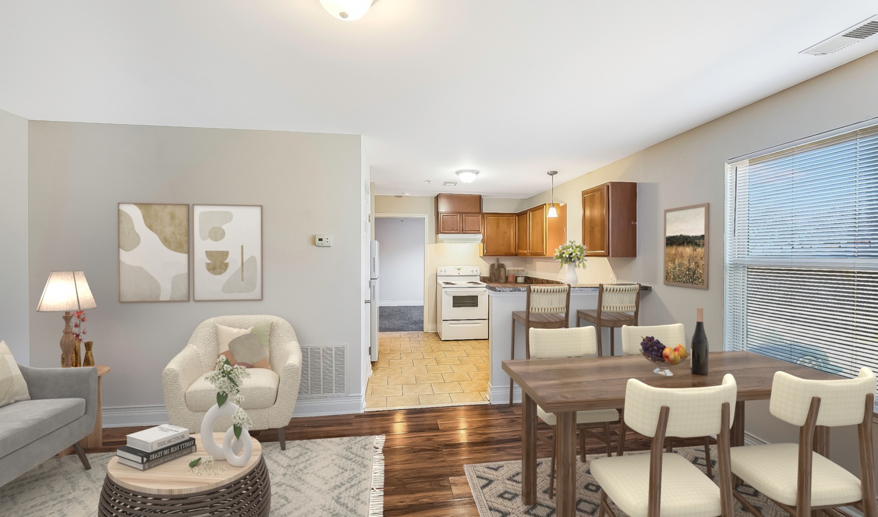 spacious and well lit space showing the dining room, kitchen and liviing room