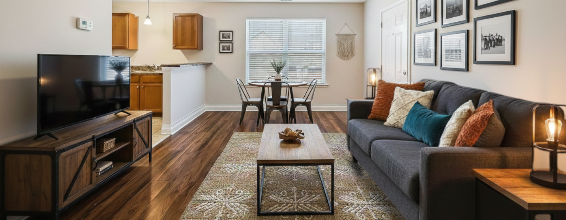 Living room with couch TV a coffee table and rug