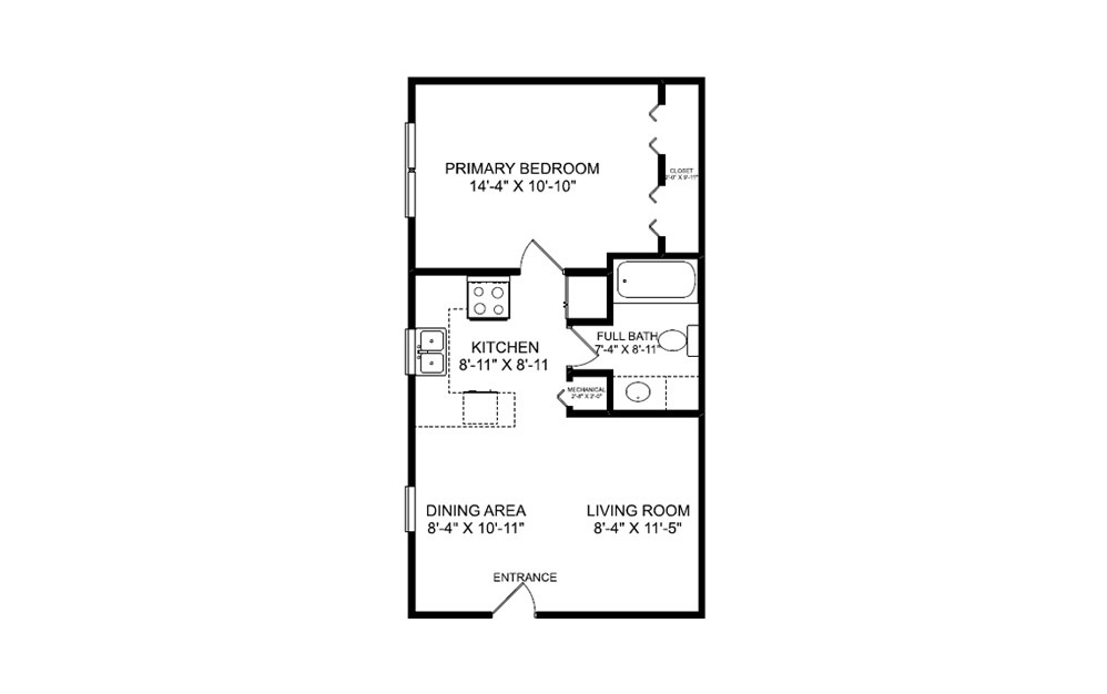 One Bedroom - 1 bedroom floorplan layout with 1 bath and 844 square feet.