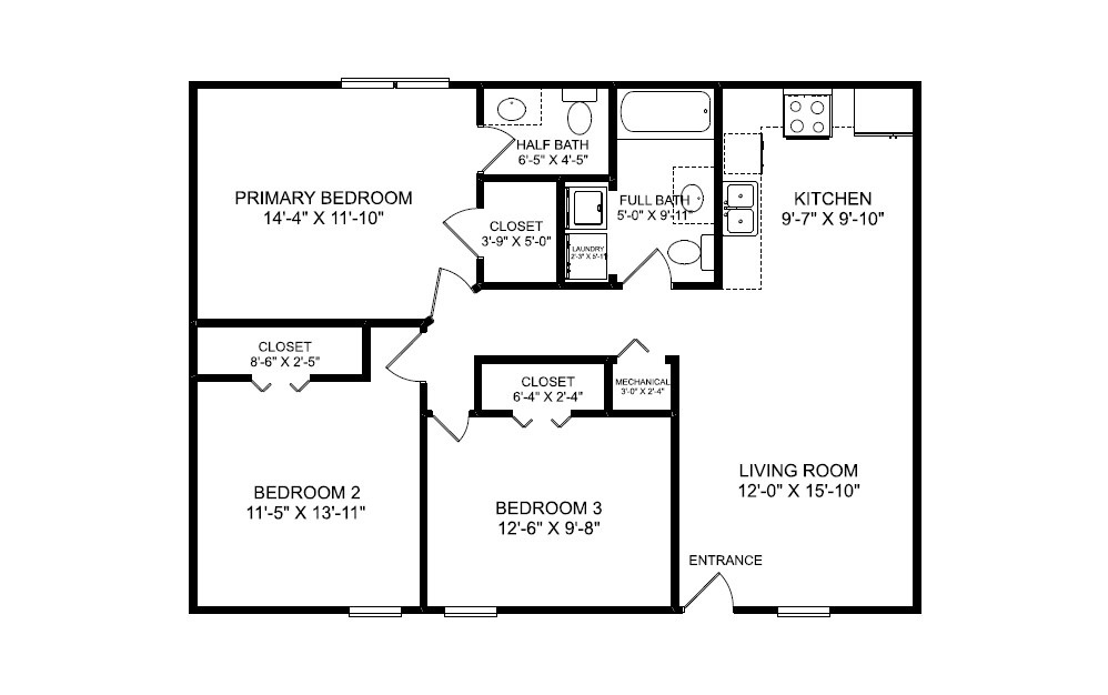 Three Bedroom - 3 bedroom floorplan layout with 1.5 bath and 1019 square feet.