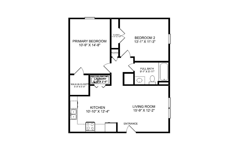 Two Bedroom - 2 bedroom floorplan layout with 1 bath and 1000 square feet.